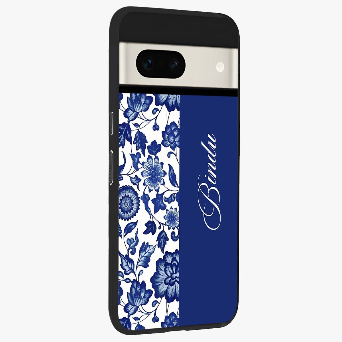 Blue Vintage Floral Pattern Glass Case upright view showcasing delicate blush floral texture with modern minimal style.