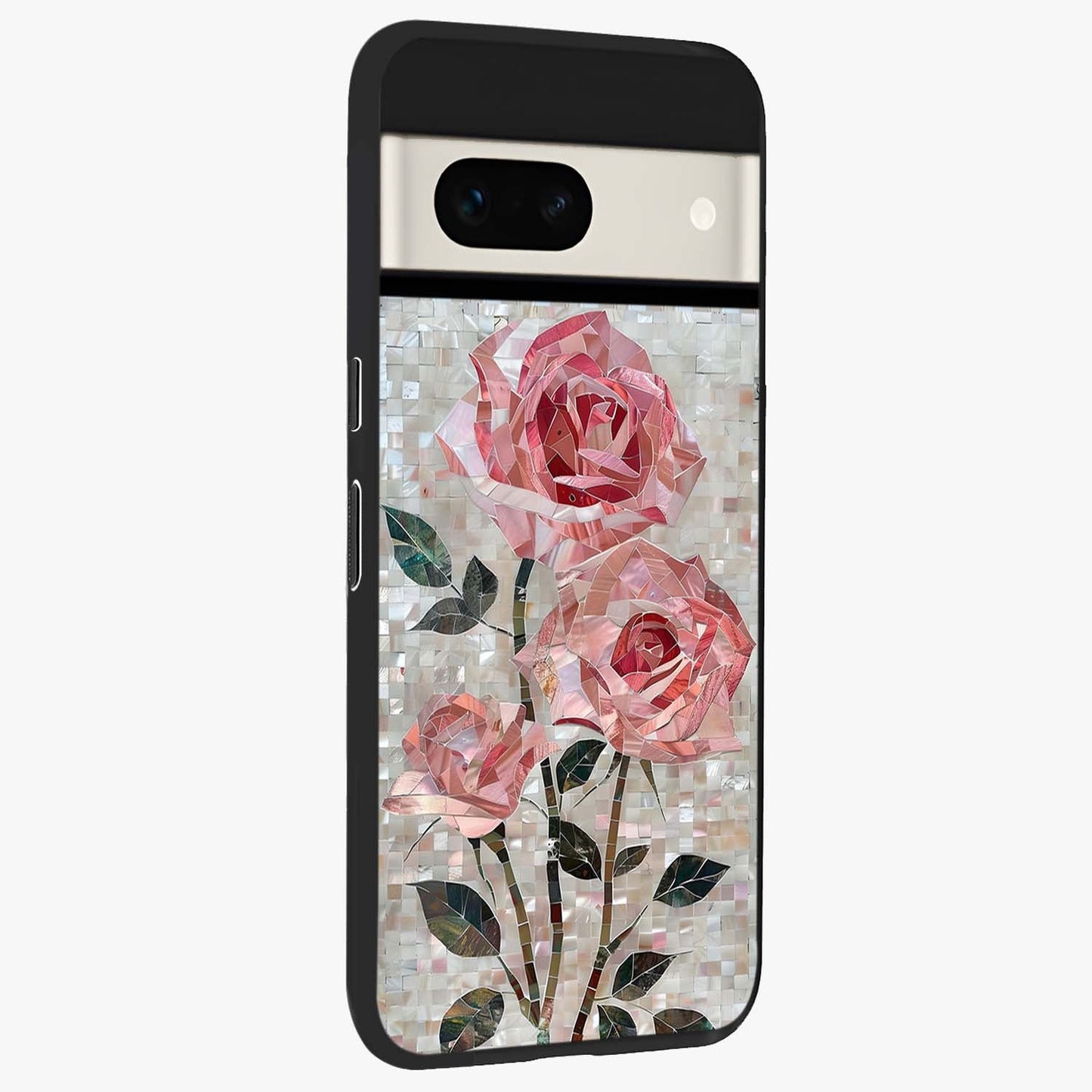 Blush Mosaic Bloom Glass Case upright view showcasing decorative floral mosaic artwork with stylish modern aesthetic.