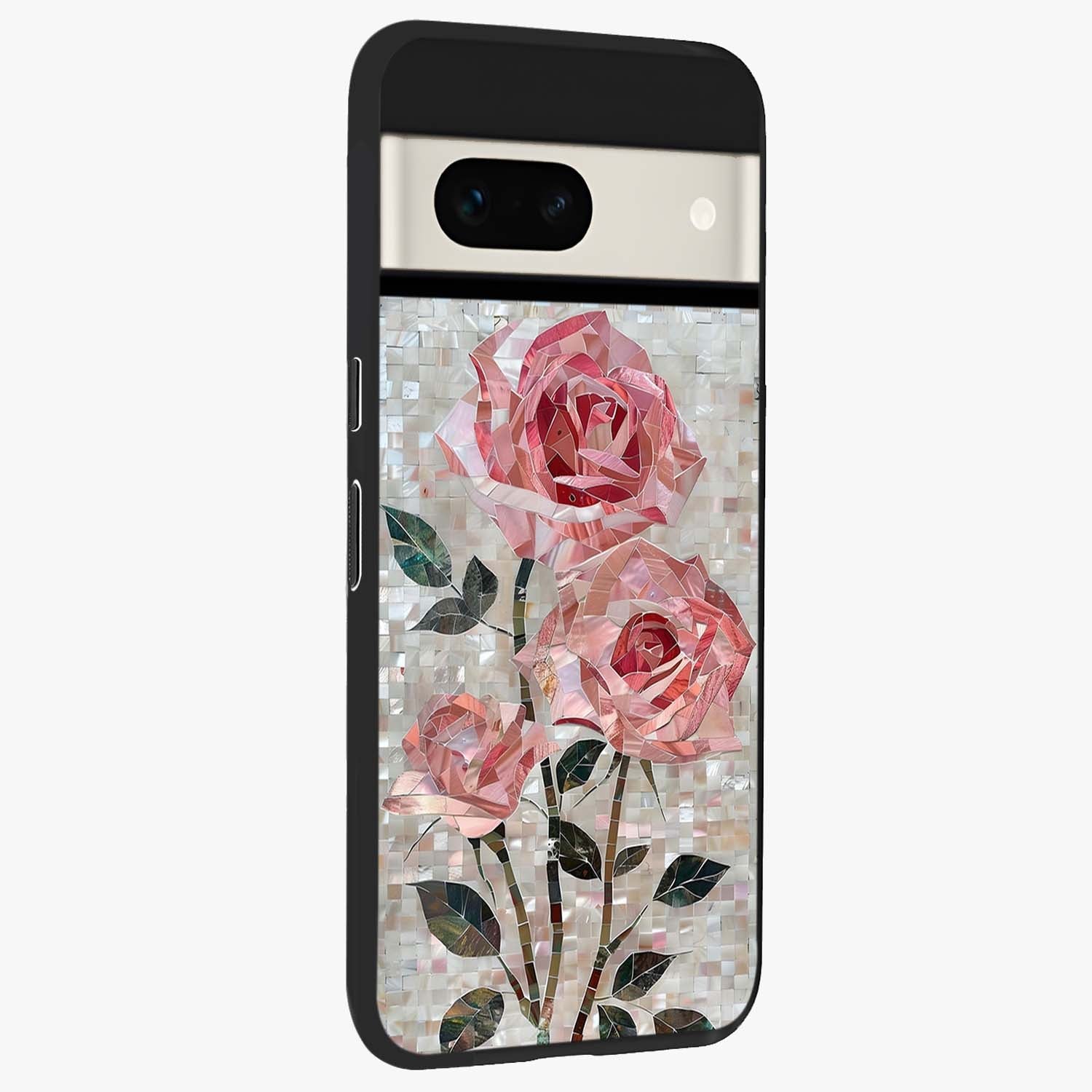 Blush Mosaic Bloom Glass Case upright view showcasing decorative floral mosaic artwork with stylish modern aesthetic.