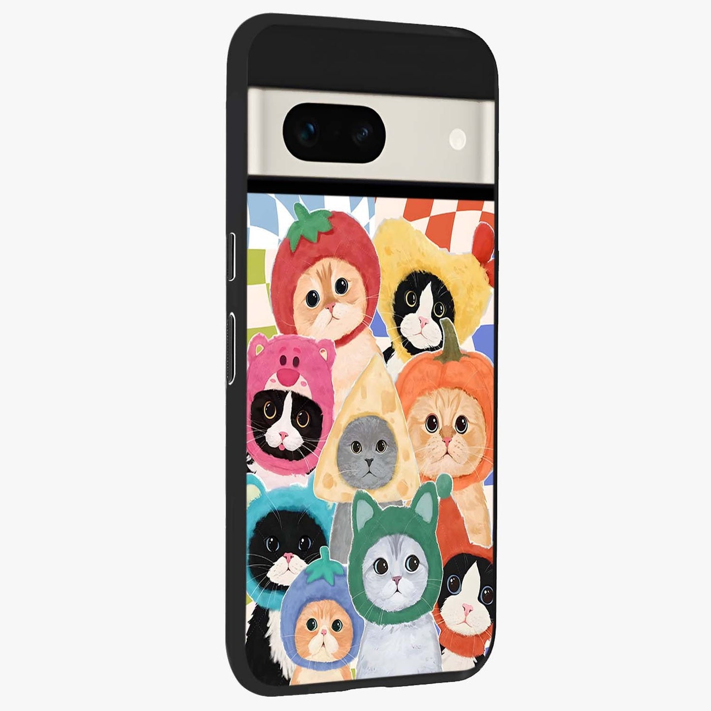 Cats in Fruits Glass Case upright view showcasing charming cat artwork with fun fruity theme.