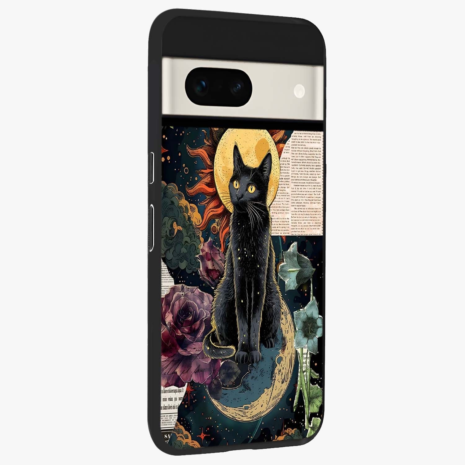 Celestial Black Cat Glass Case upright view showcasing magical black cat illustration with starry cosmic theme.