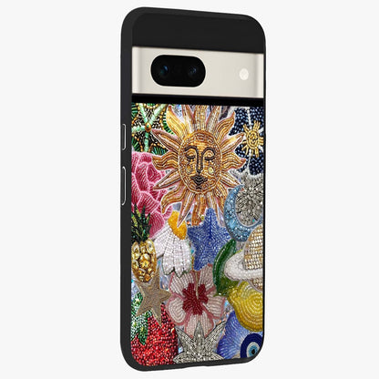 Celestial Floral and Playful Glass Case upright view showcasing whimsical floral artwork with cosmic aesthetic theme.