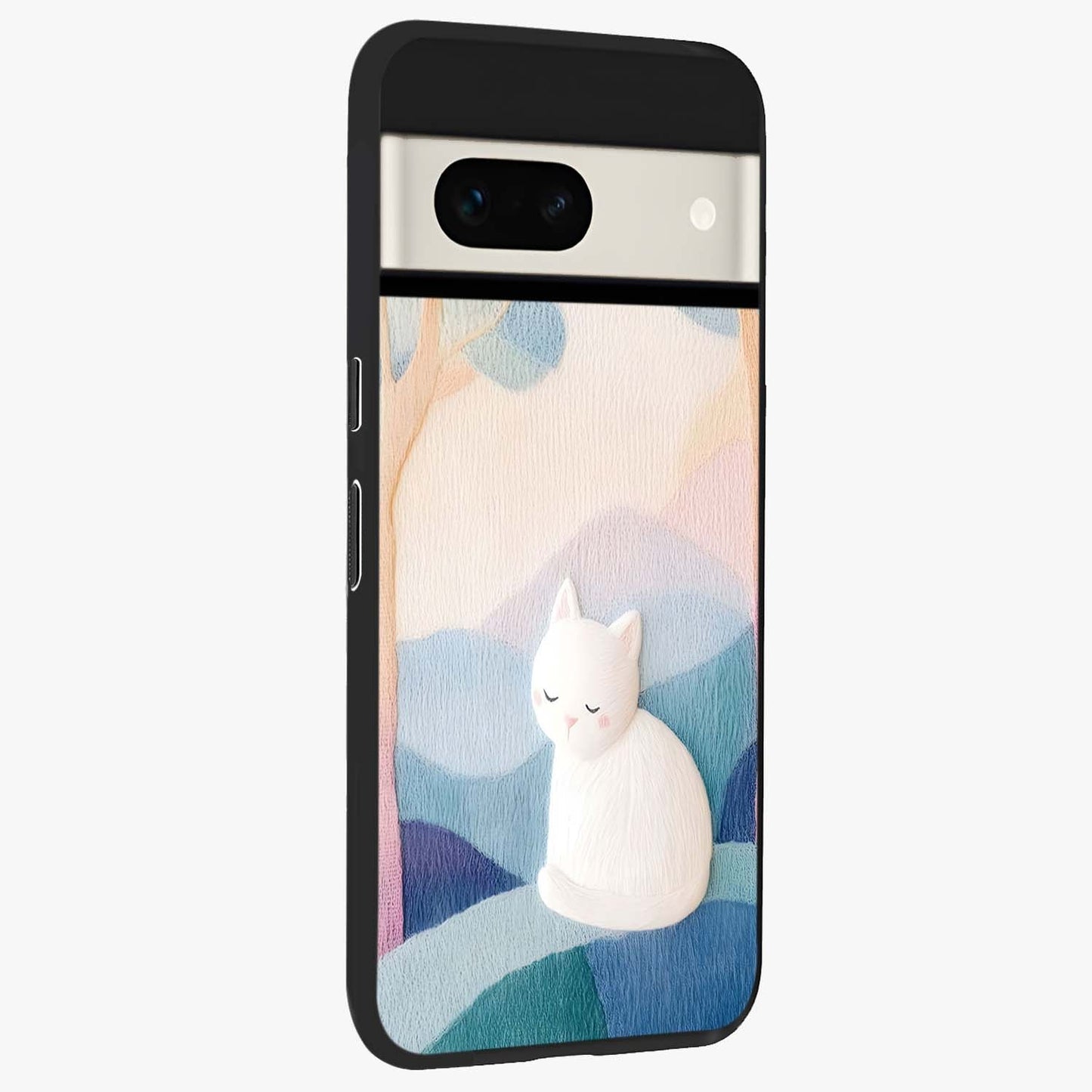 Cotton Dream Cat Glass Case upright view showcasing charming cat artwork with cozy dreamy theme.