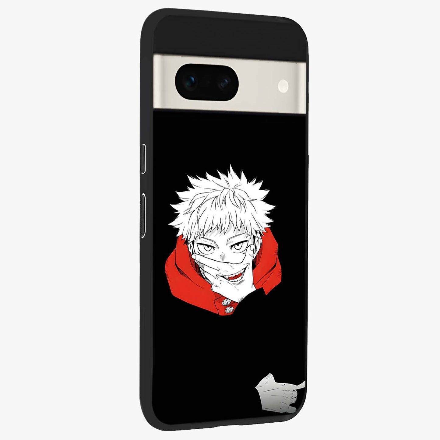 Crimson Chaos Smile Glass Case upright view showcasing expressive chaotic artwork with striking visual theme.