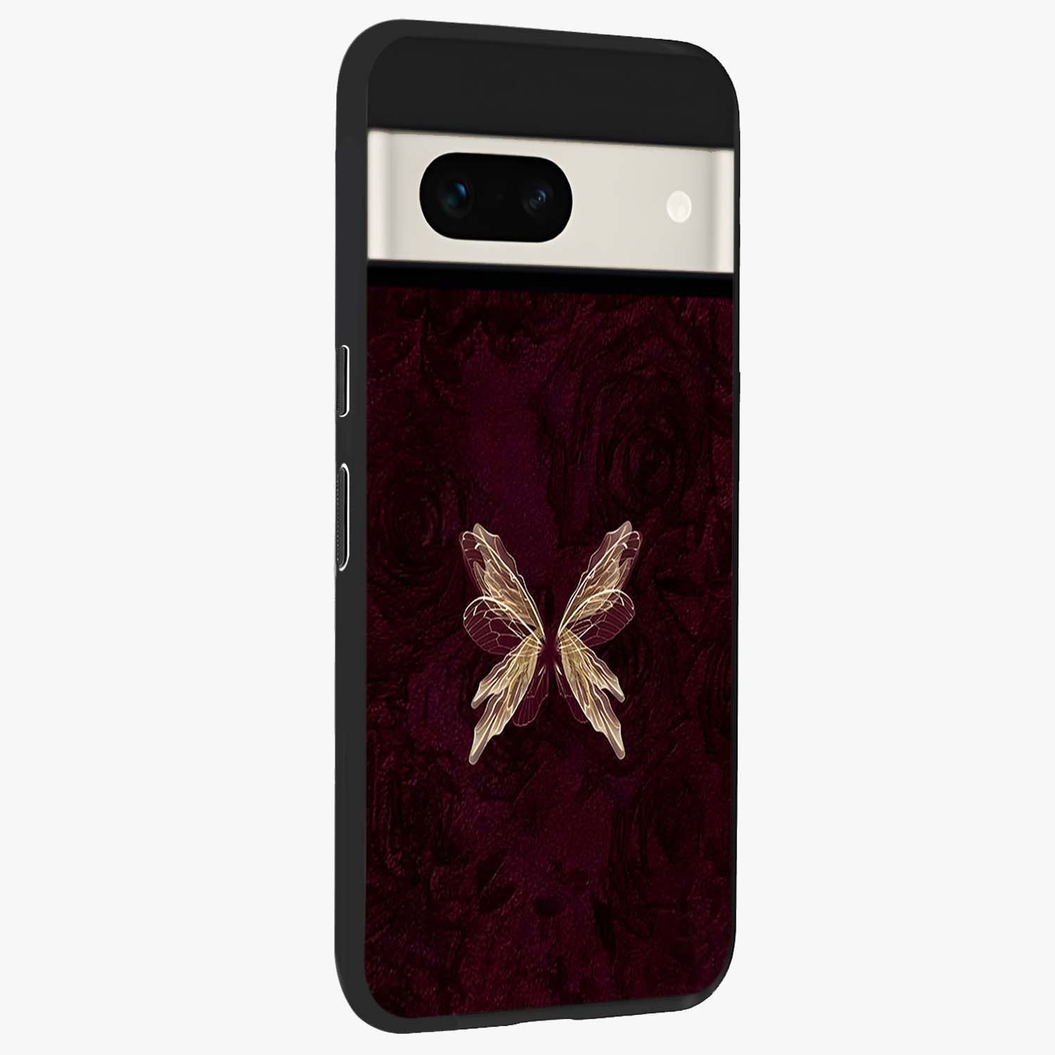 Crimson Fade Butterfly Glass Case upright view showcasing graceful butterfly artwork with soft crimson fade effect.