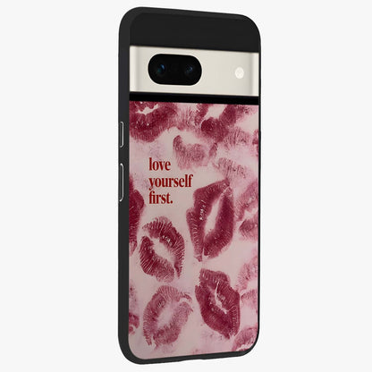 Crimson Kiss Love Glass Case upright view showcasing expressive romantic artwork with deep crimson theme.