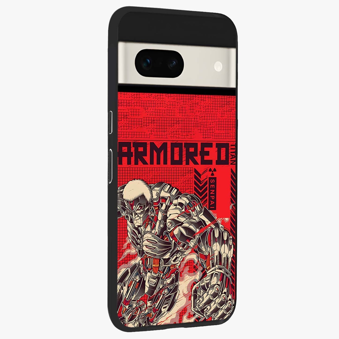 Crimson Mecha Titan Glass Case upright view showcasing dynamic robotic titan design with sci-fi inspired theme.