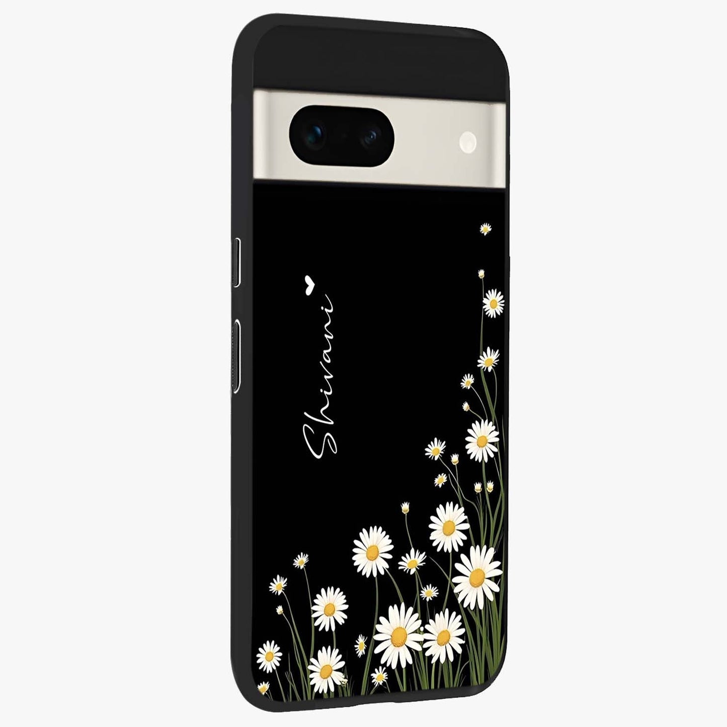 Daisy Cascade Custom Name Glass Case upright view showcasing elegant floral cascade design with personalized aesthetic.