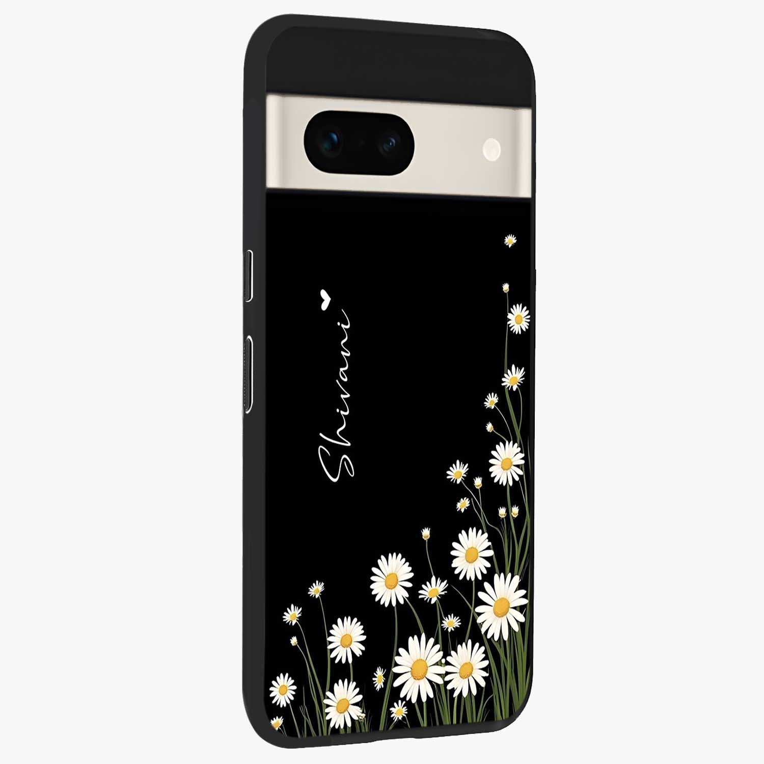 Daisy Cascade Custom Name Glass Case upright view showcasing elegant floral cascade design with personalized aesthetic.
