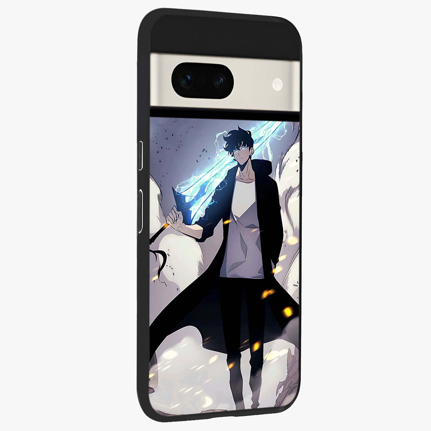 Dark Lightning Anime Warrior Glass Case upright view showcasing dramatic warrior artwork with dark lightning aesthetic.