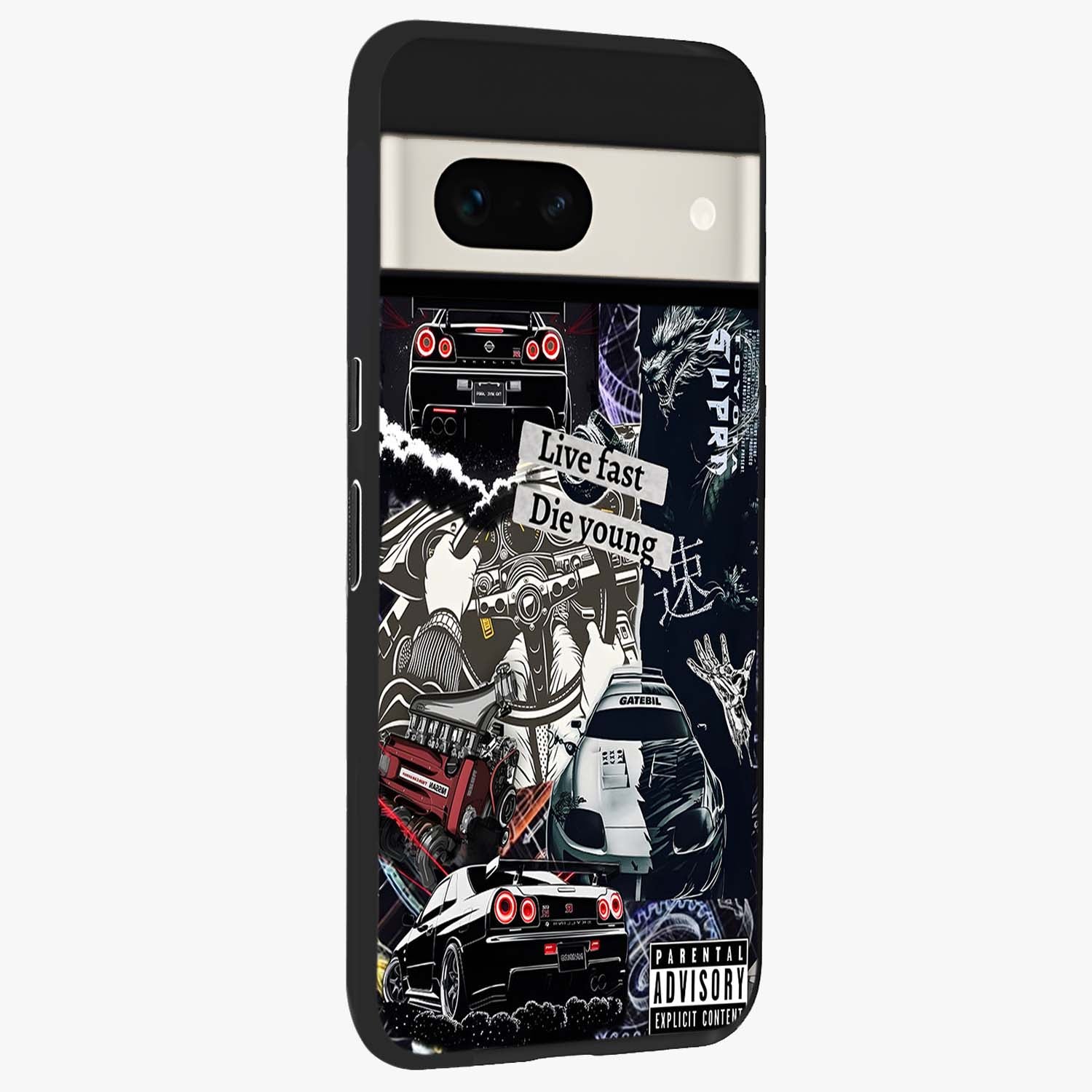 Die Young Glass Case upright view showcasing striking typography artwork with modern statement theme.