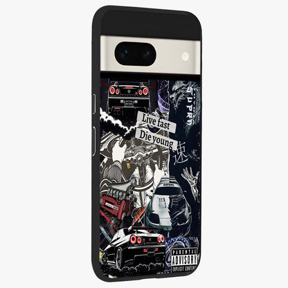 Die Young Glass Case upright view showcasing striking typography artwork with modern statement theme.