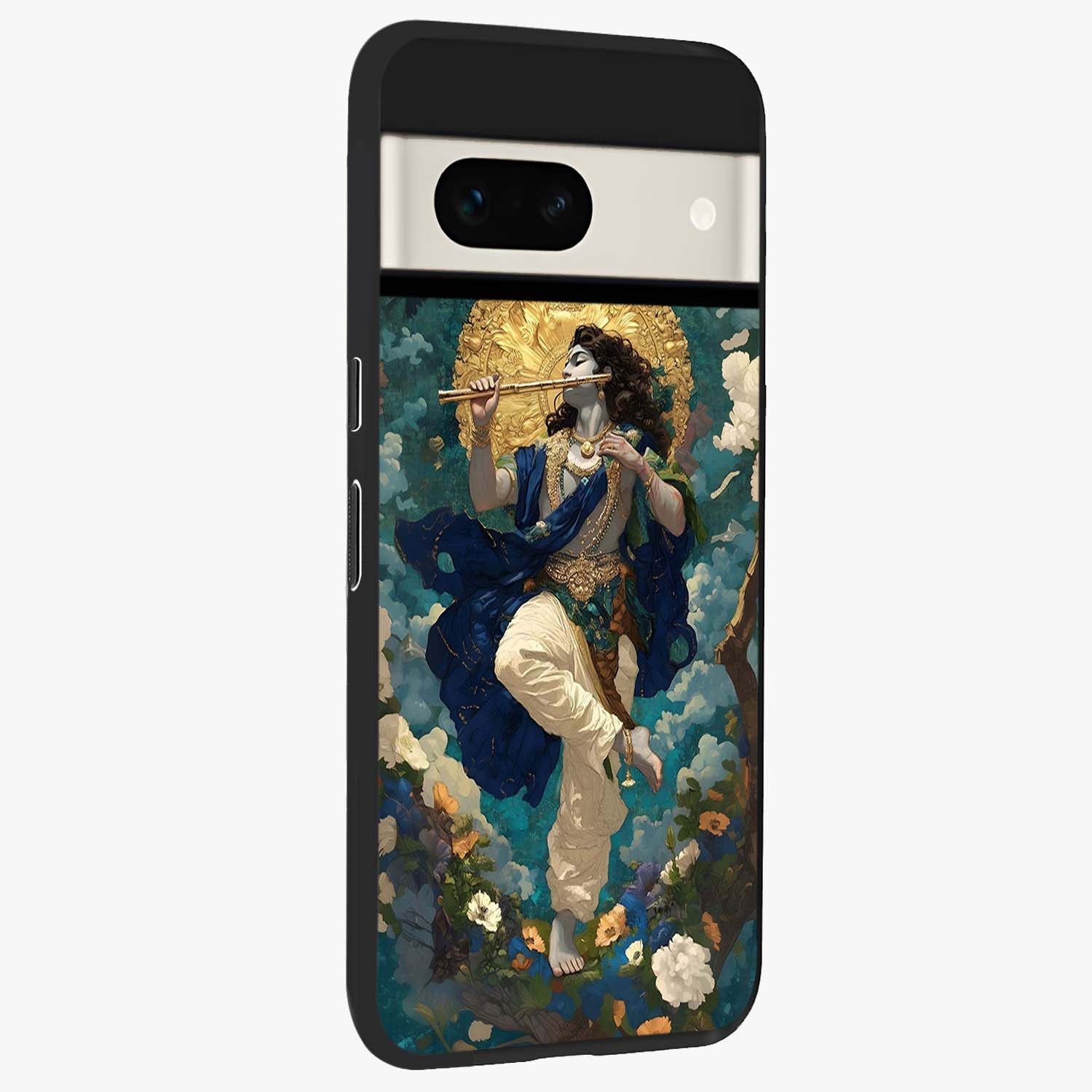 Divine Krishna Art Glass Case upright view showcasing divine Krishna artwork with sacred artistic theme.
