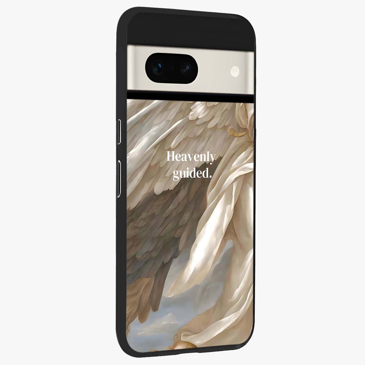Divine Winged Grace Glass Case upright view showcasing spiritual wing artwork with soft celestial theme.