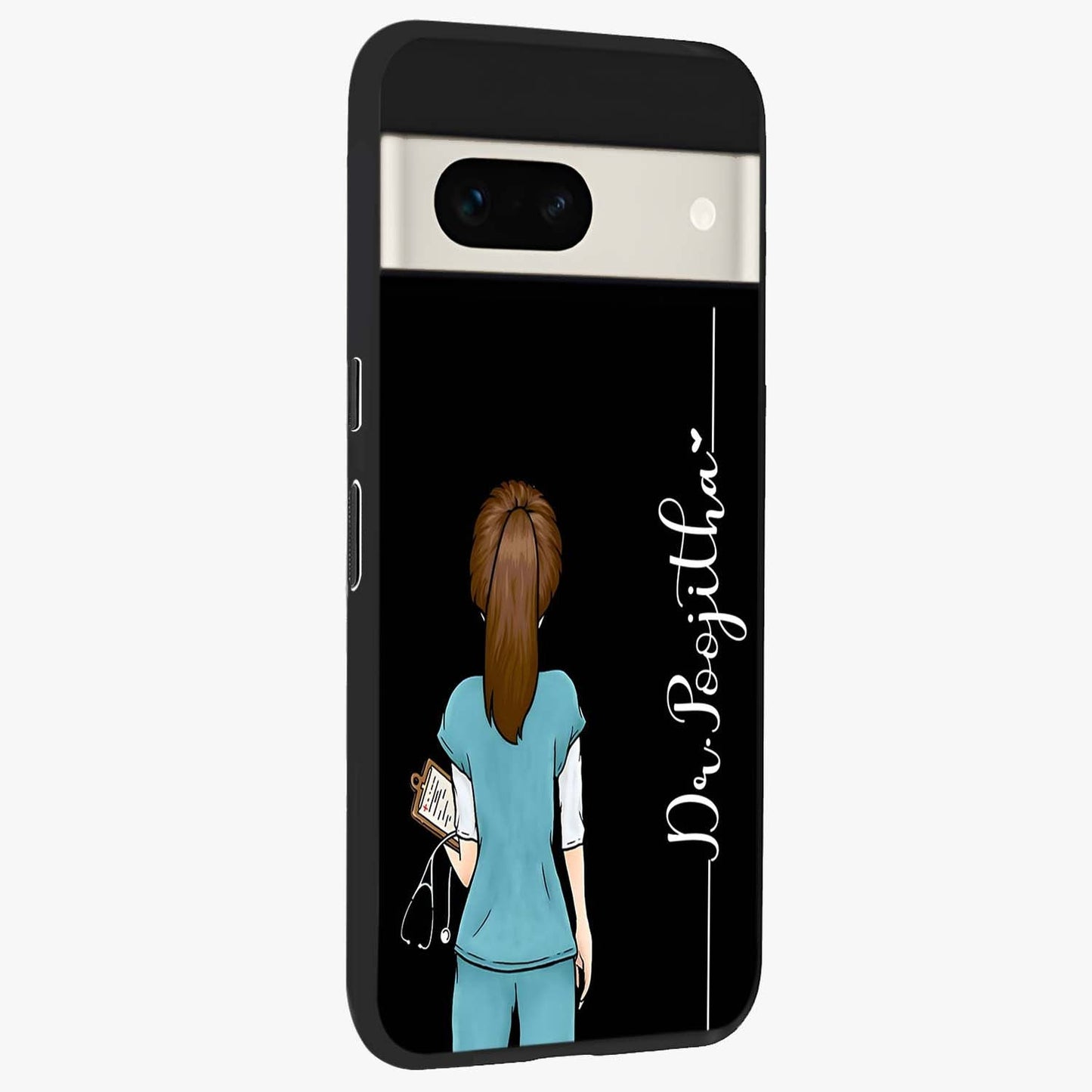 Doctor Pattern Custom Name Glass Case upright view showcasing healthcare themed design with personalized aesthetic.