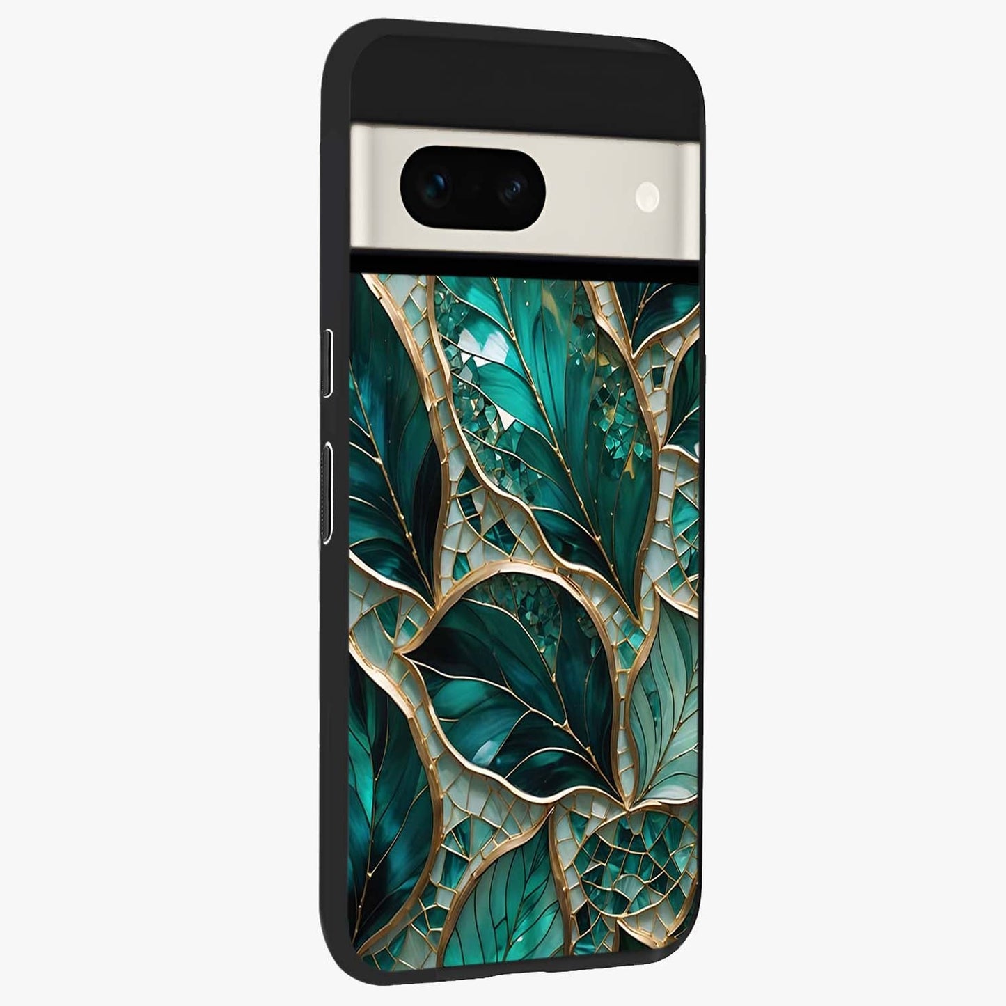 Emerald Leaf Glass Glass Case upright view showcasing fresh green leaf artwork with calming nature inspired style.
