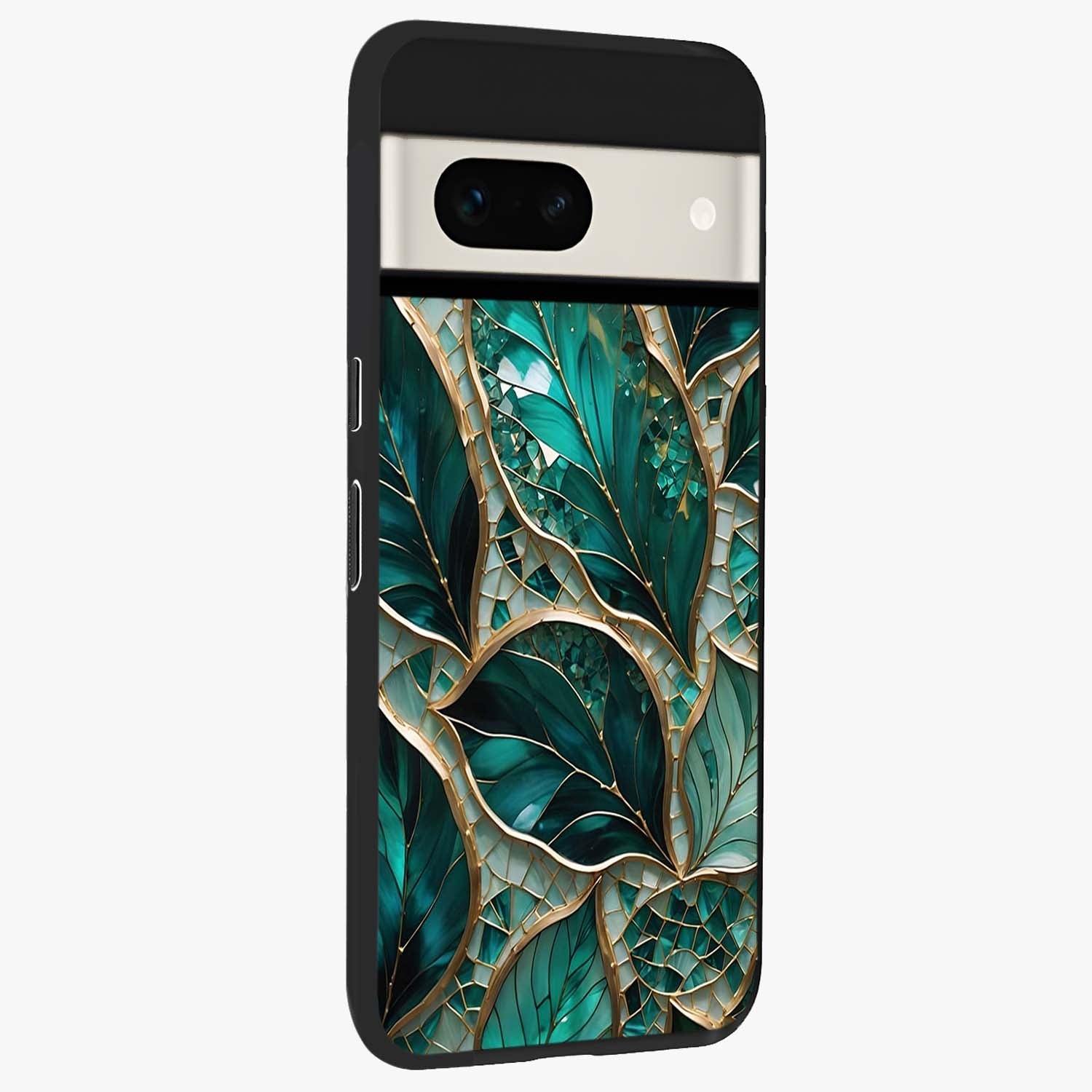 Emerald Leaf Glass Glass Case upright view showcasing fresh green leaf artwork with calming nature inspired style.