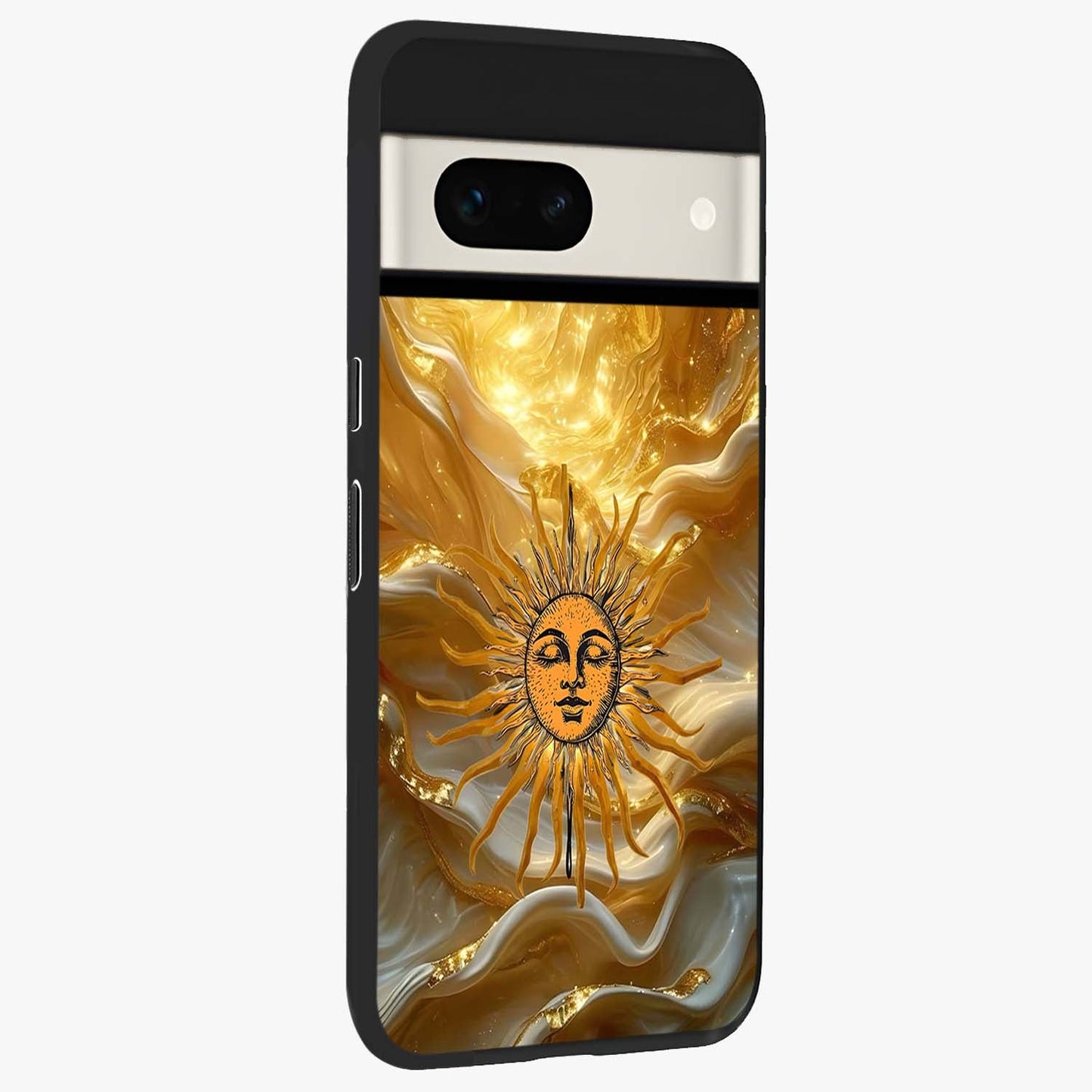 Eternal Golden Glow Glass Case upright view showcasing luminous golden artwork with luxurious visual theme.