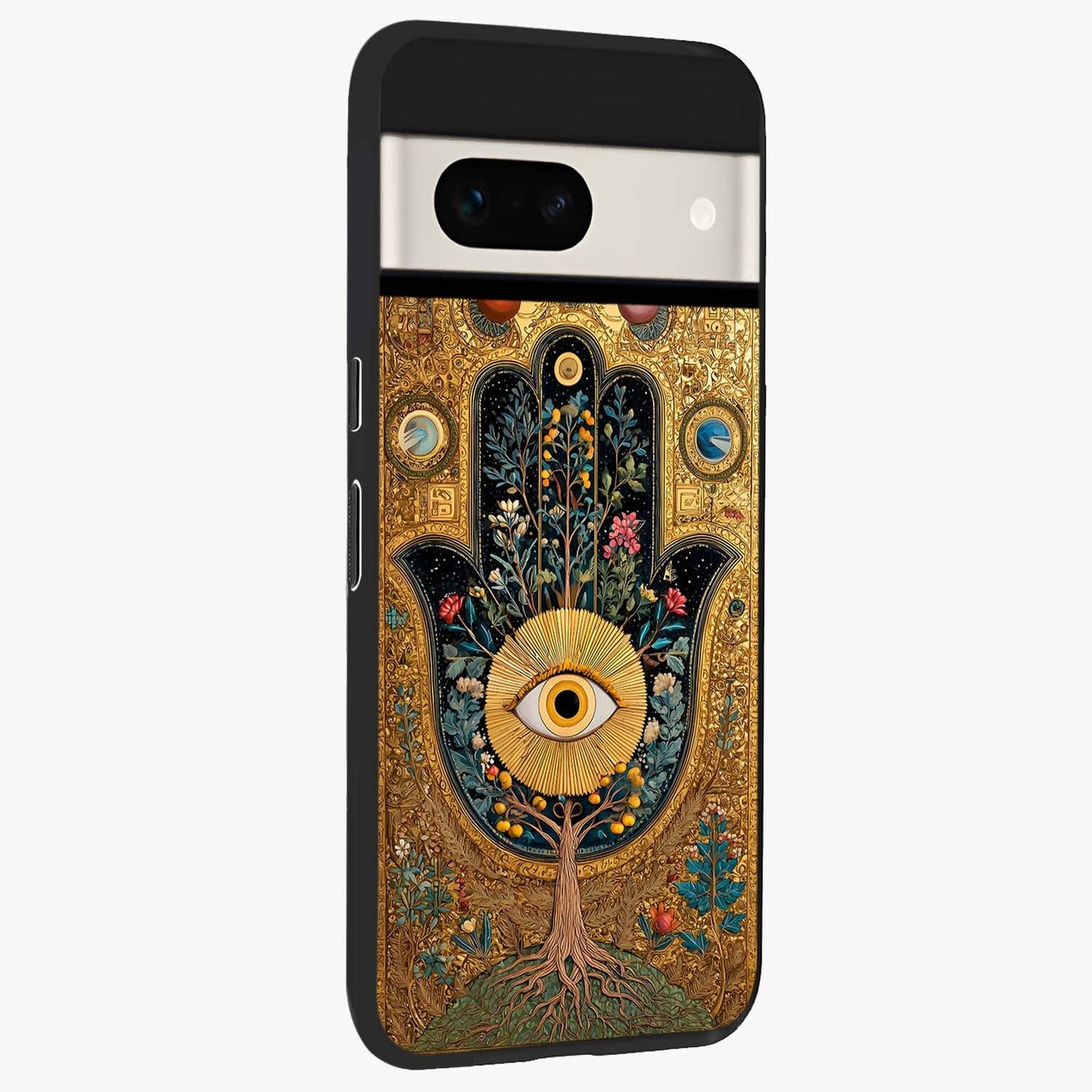 Ethereal Evil Eye Glass Case upright view showcasing celestial evil eye artwork with mystical theme.