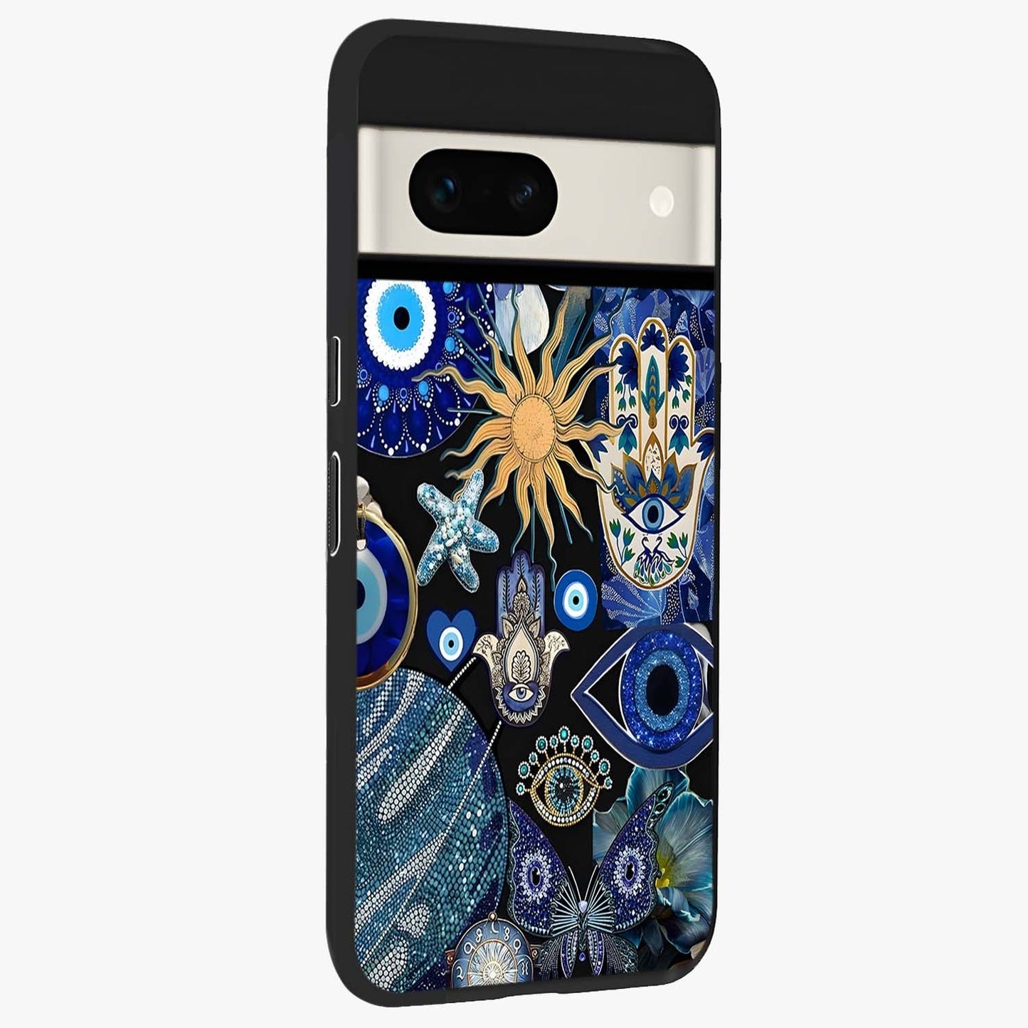 Evil Eye Charm Mix Glass Case upright view showcasing mystical evil eye pattern with vibrant decorative style.