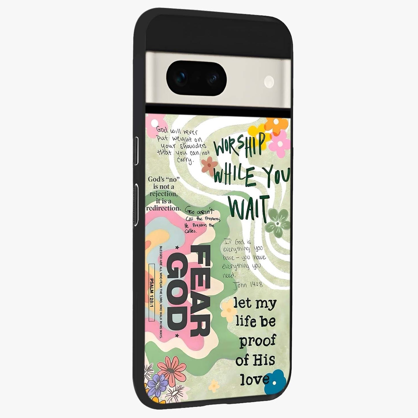 Faith Over Fear Glass Case upright view showcasing bold typography artwork with uplifting motivational theme.