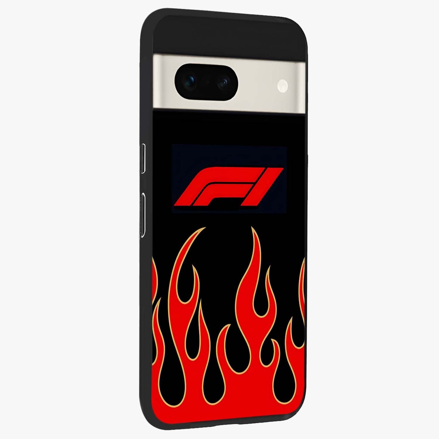 Fire F11 Glass Case upright view showcasing dynamic flame artwork with intense visual theme.