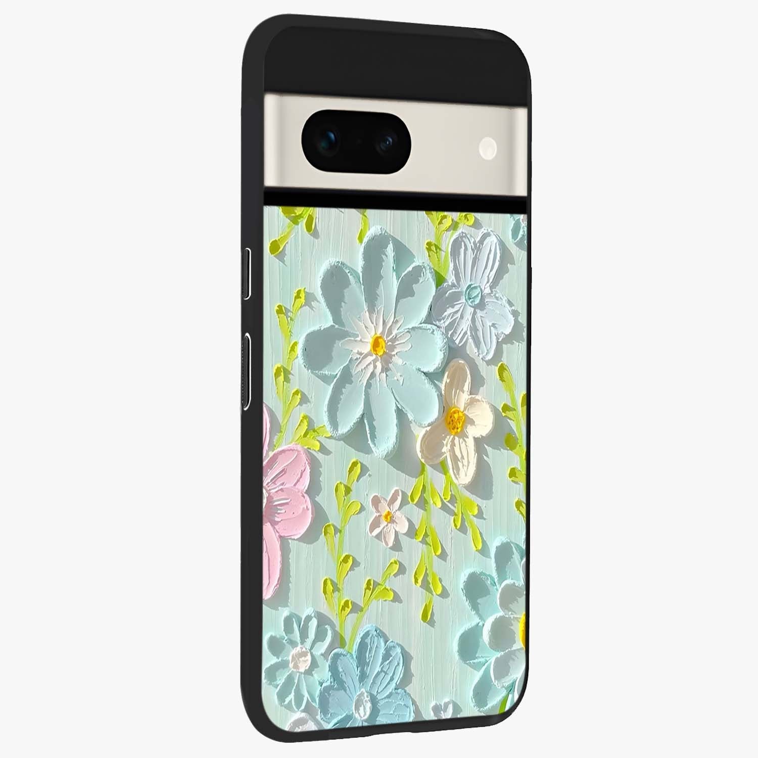 Frosted Petal Garden Glass Case upright view showcasing elegant floral garden artwork with soothing pastel theme.