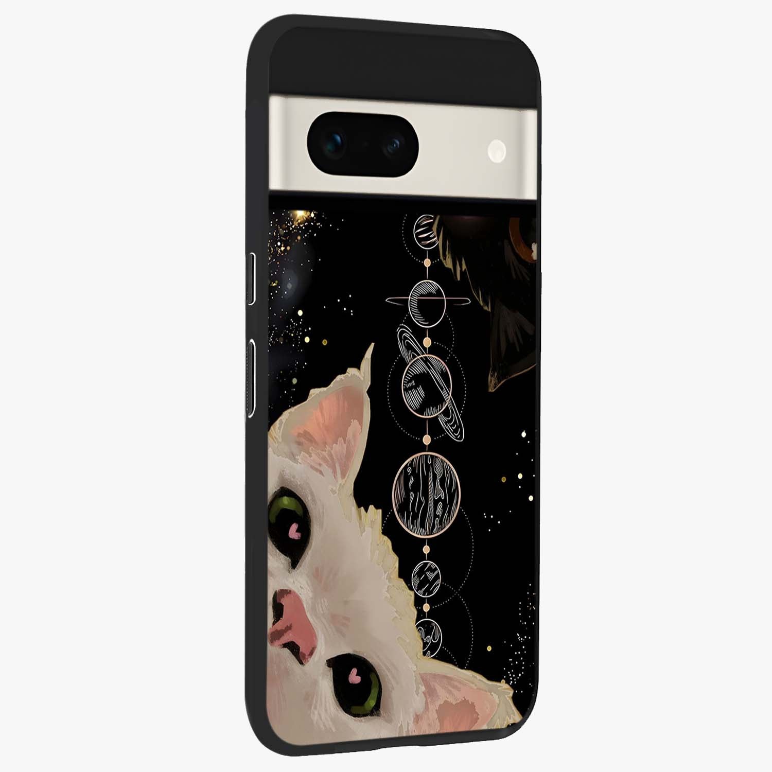 Galactic Cat Glass Case upright view showcasing mystical cat artwork with dreamy cosmic theme.