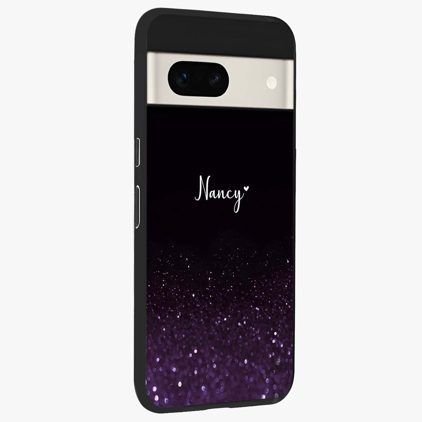 Glittery Purple Bokeh Custom Name Glass Case upright view showcasing vibrant purple sparkle artwork with personalized aesthetic style.