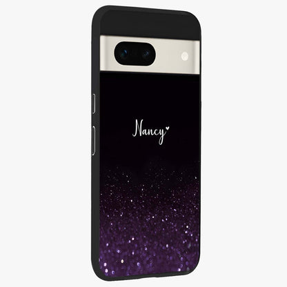 Glittery Purple Bokeh Custom Name Glass Case upright view showcasing vibrant purple sparkle artwork with personalized aesthetic style.