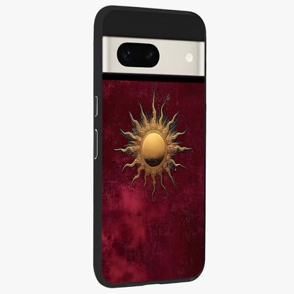 Golden Sun Minimalism Glass Case upright view showcasing simple golden sun artwork with elegant minimalist style.
