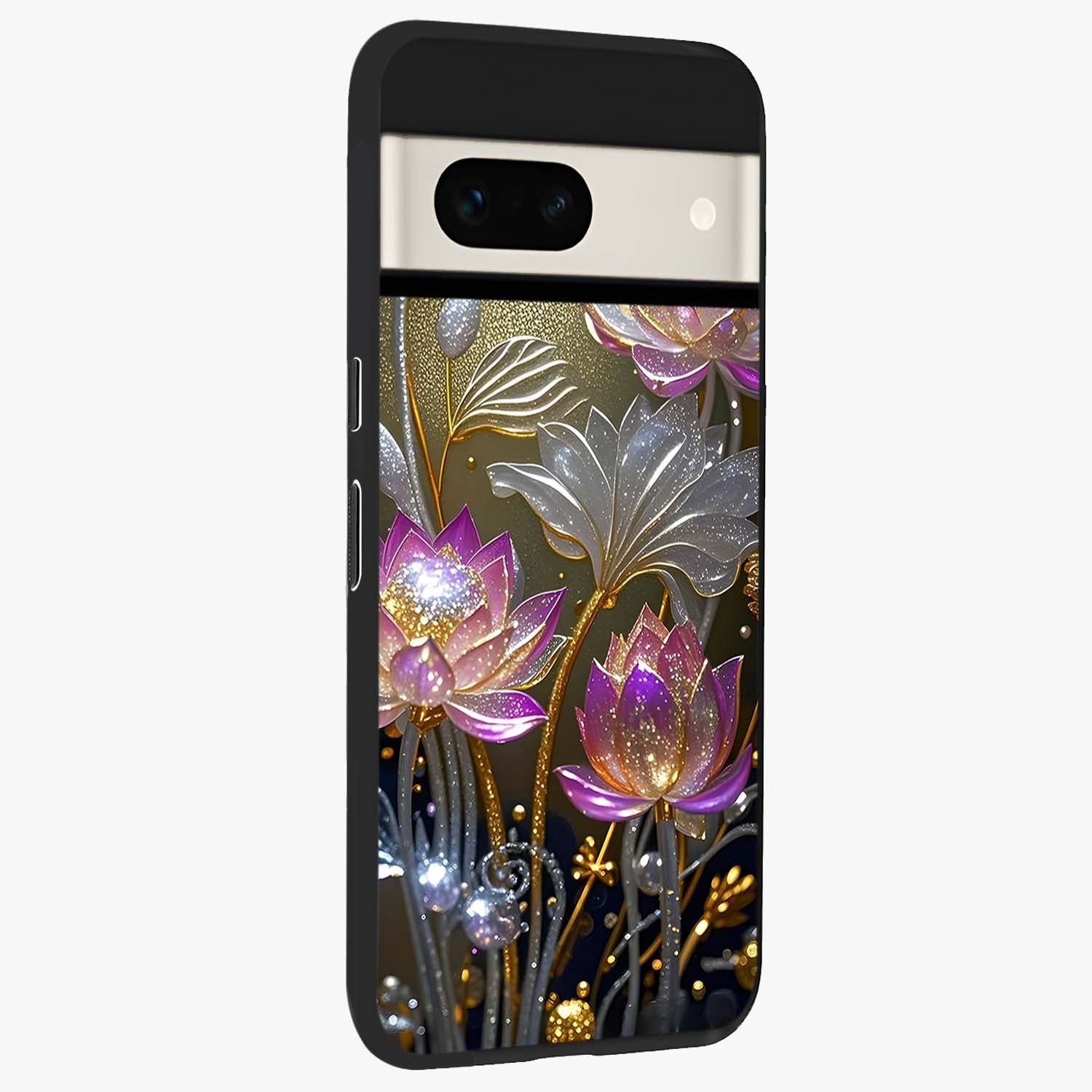 Golden Floral Majesty Glass Case upright view showcasing majestic floral artwork with rich decorative theme.