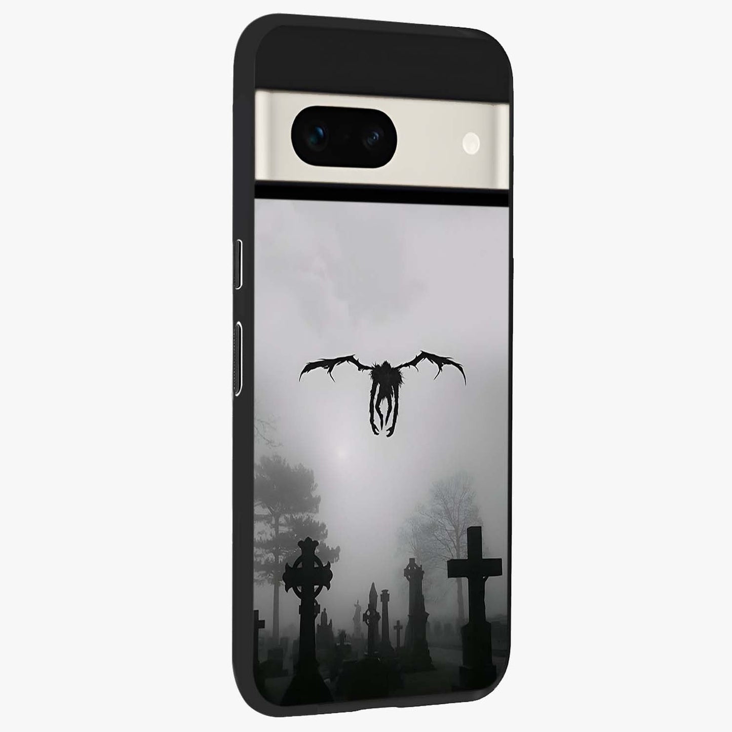 Graveyard Shadow Descent Glass Case upright view showcasing haunting graveyard artwork with dramatic dark theme.