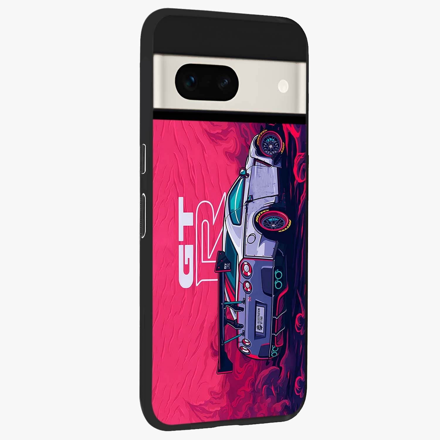 GT-R Car Pattern Glass Case upright view showcasing dynamic car pattern artwork with modern sports theme.