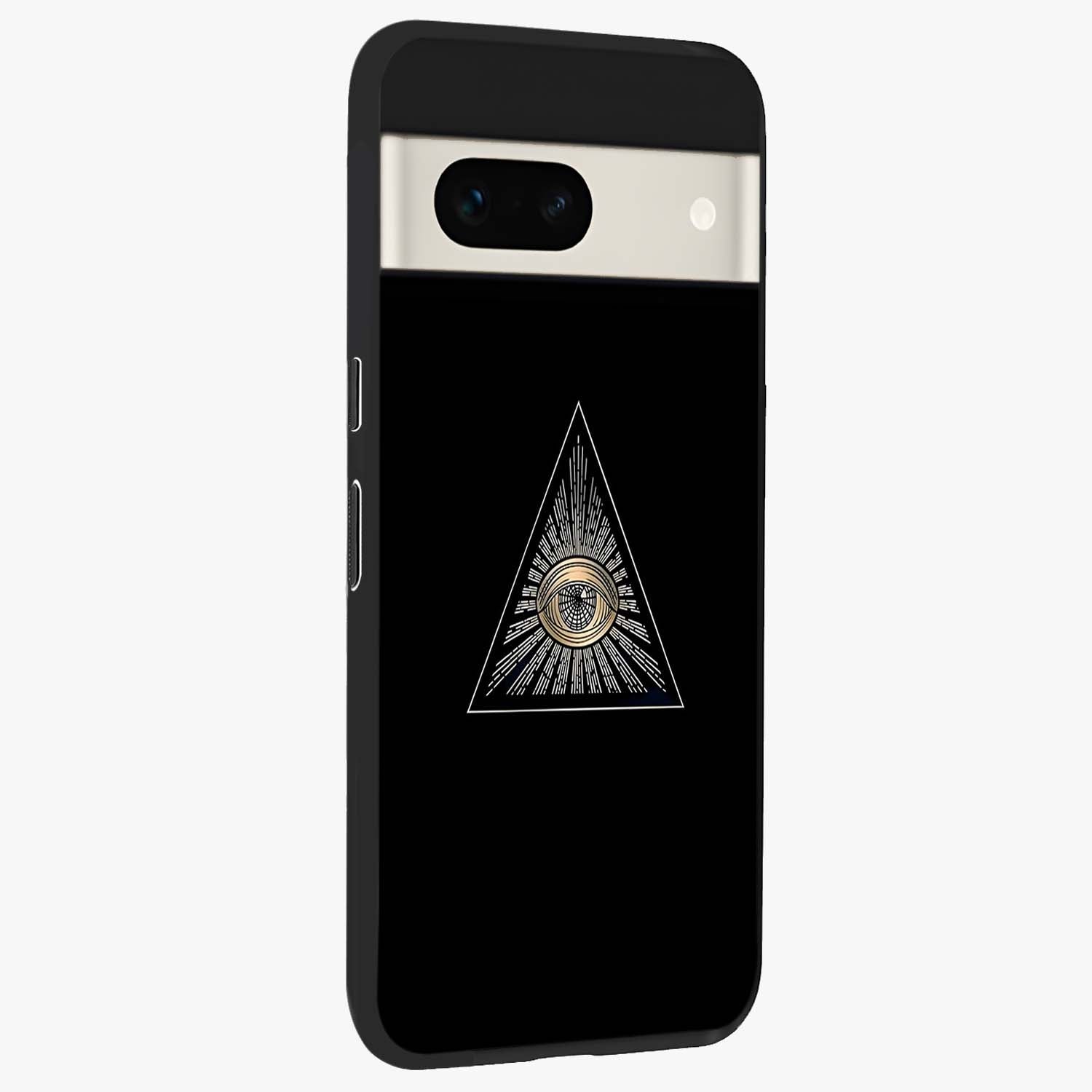 Illuminati Evil Glass Case upright view showcasing striking illuminati artwork with mysterious symbolic theme.