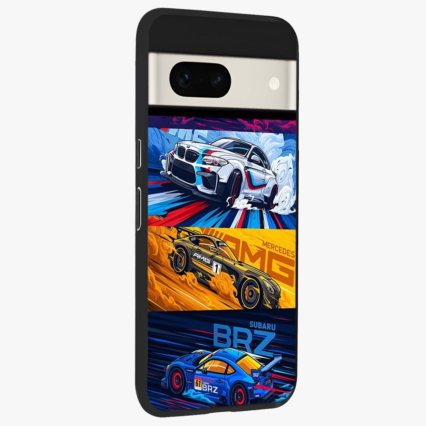 JDM Sports Car Glass Case upright view showcasing dynamic sports car artwork with bold racing theme.