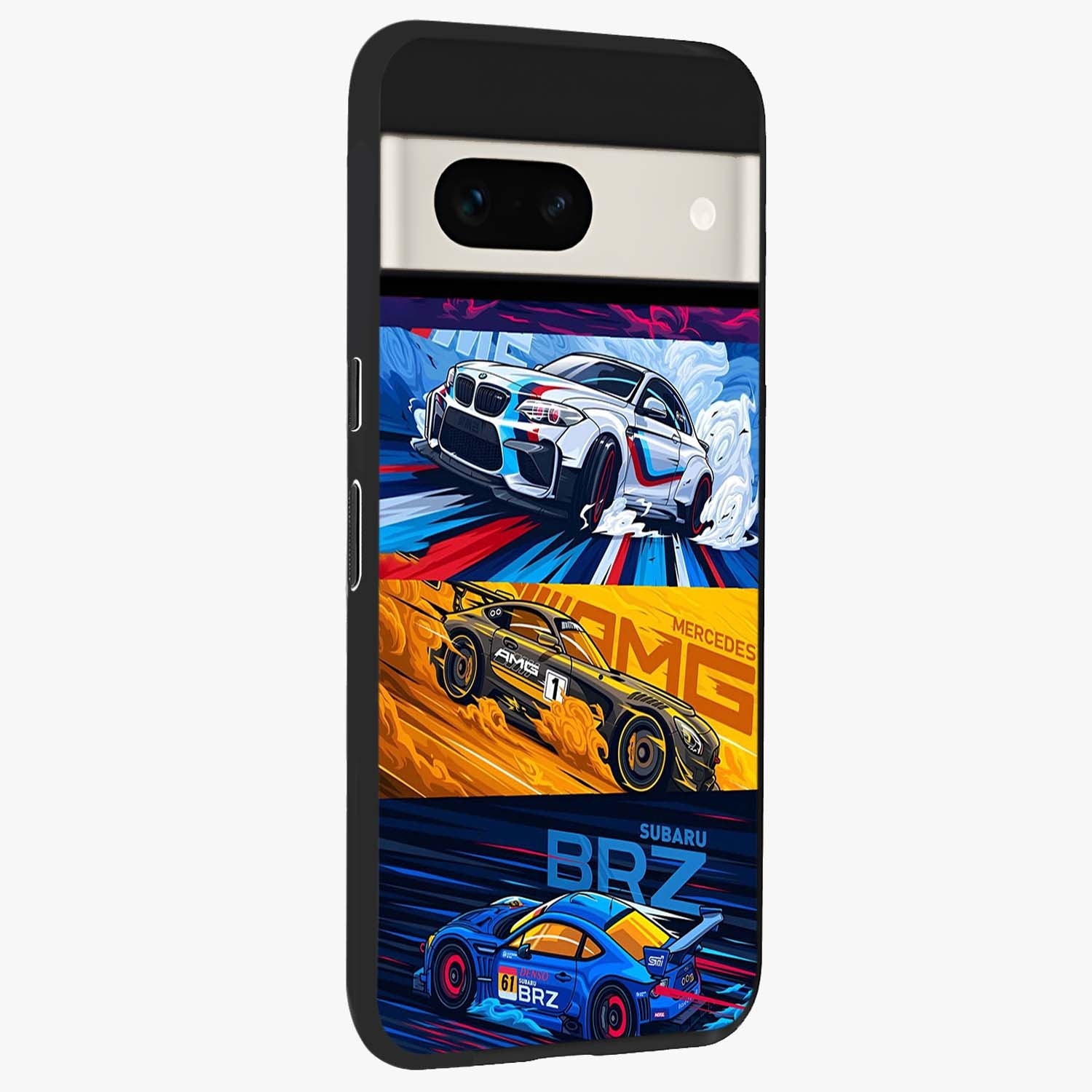 JDM Sports Car Glass Case upright view showcasing dynamic sports car artwork with bold racing theme.