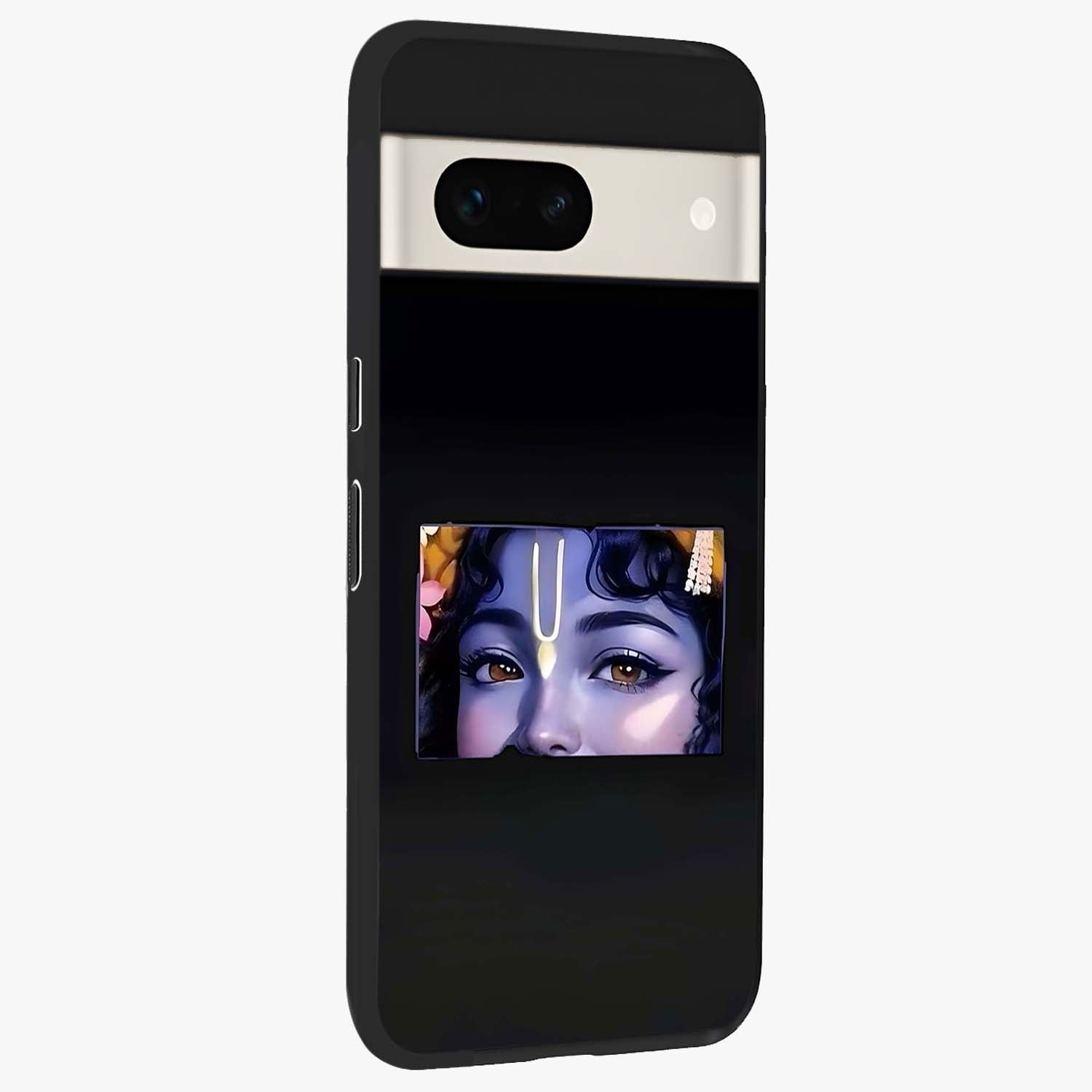 Krishna Divine Embrace Glass Case upright view showcasing sacred Krishna artwork with peaceful devotional theme.