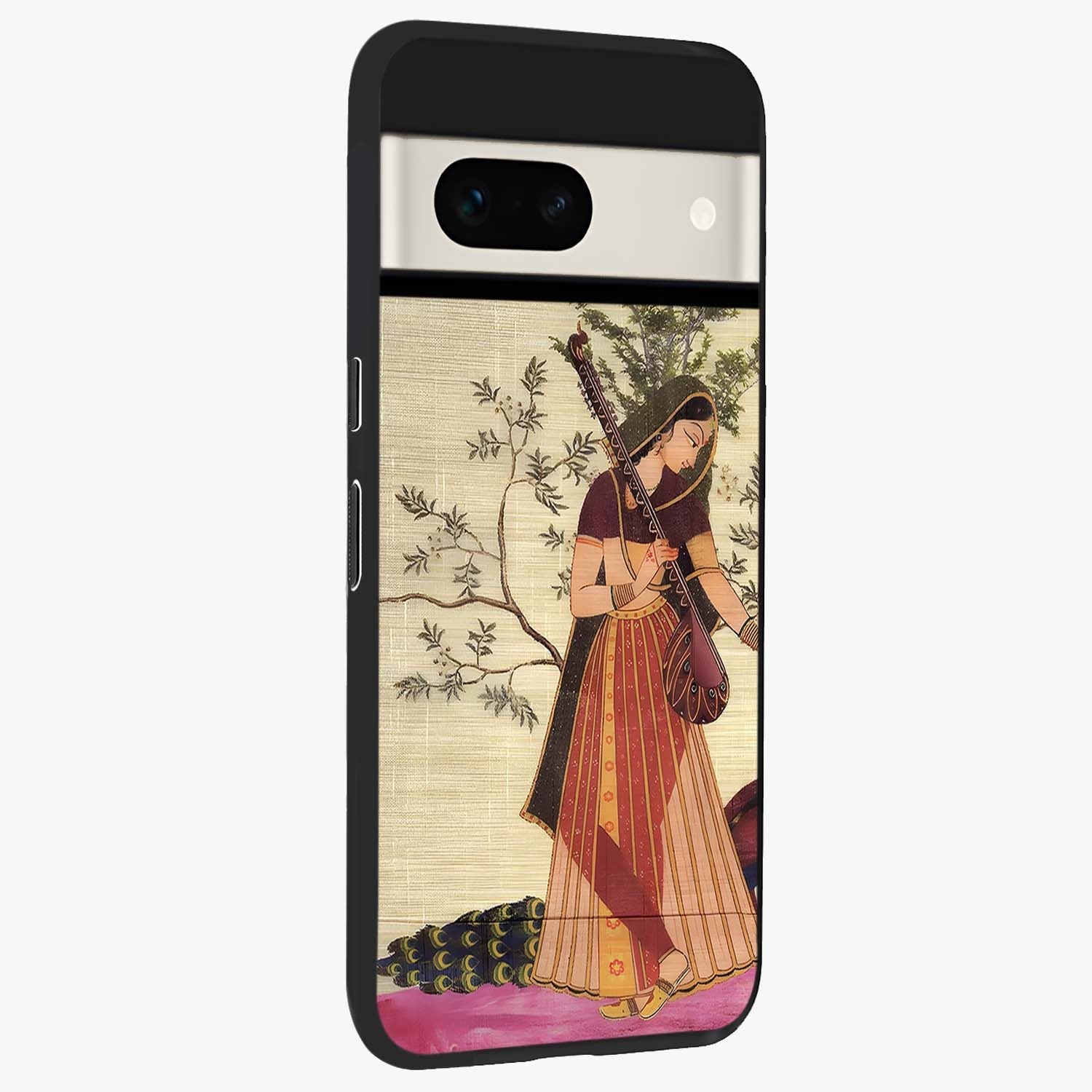 Lady With Veena Art Glass Case upright view showcasing classical veena artwork with traditional artistic theme.