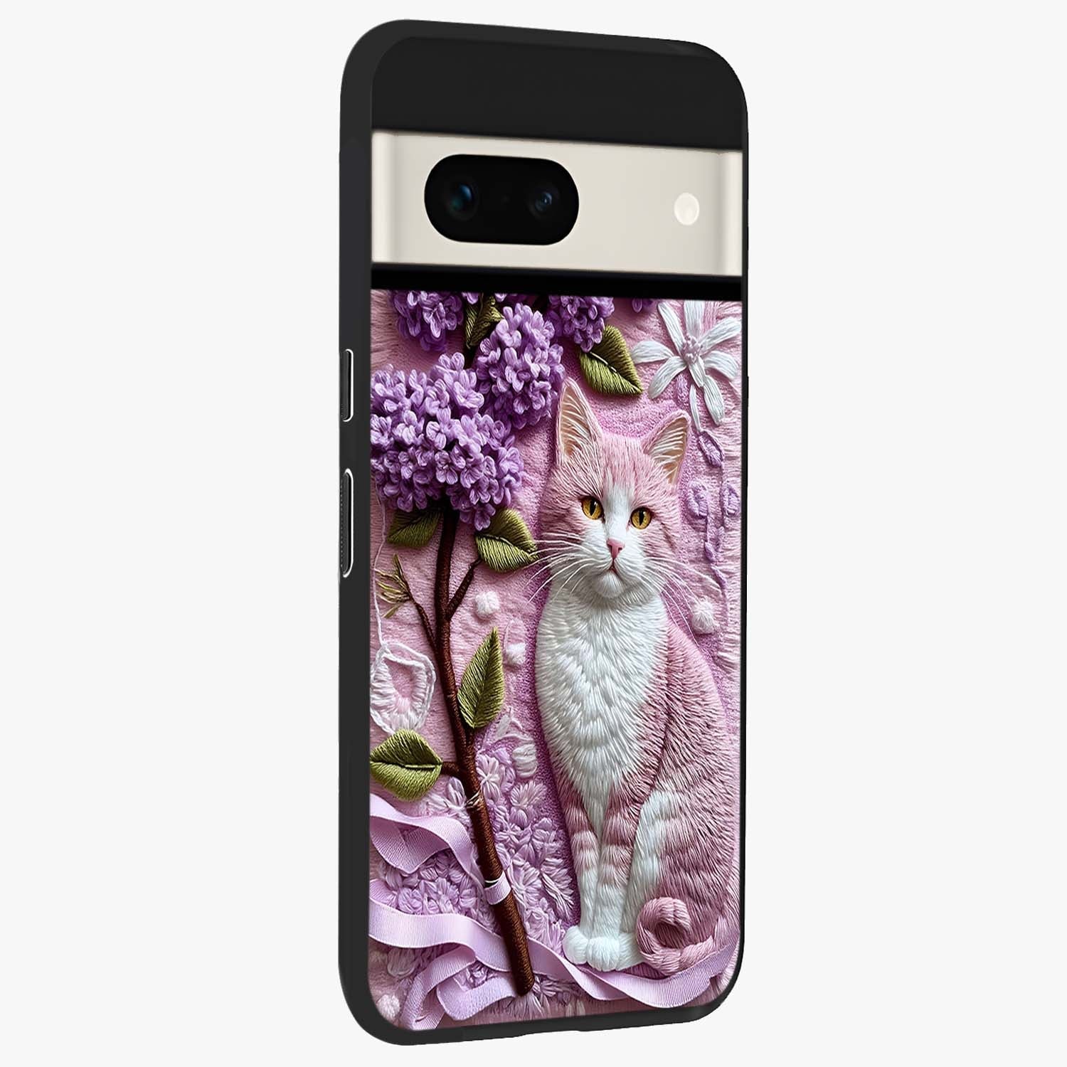 Lavender Cat Whimsy Glass Case upright view showcasing charming cat artwork with whimsical lavender theme.