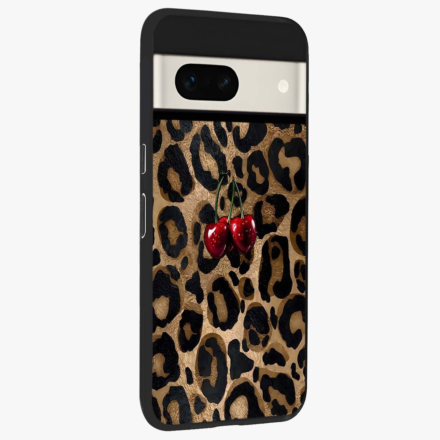 Leopard Wild Cherry Glass Case upright view showcasing stylish leopard pattern artwork with trendy fashion theme.