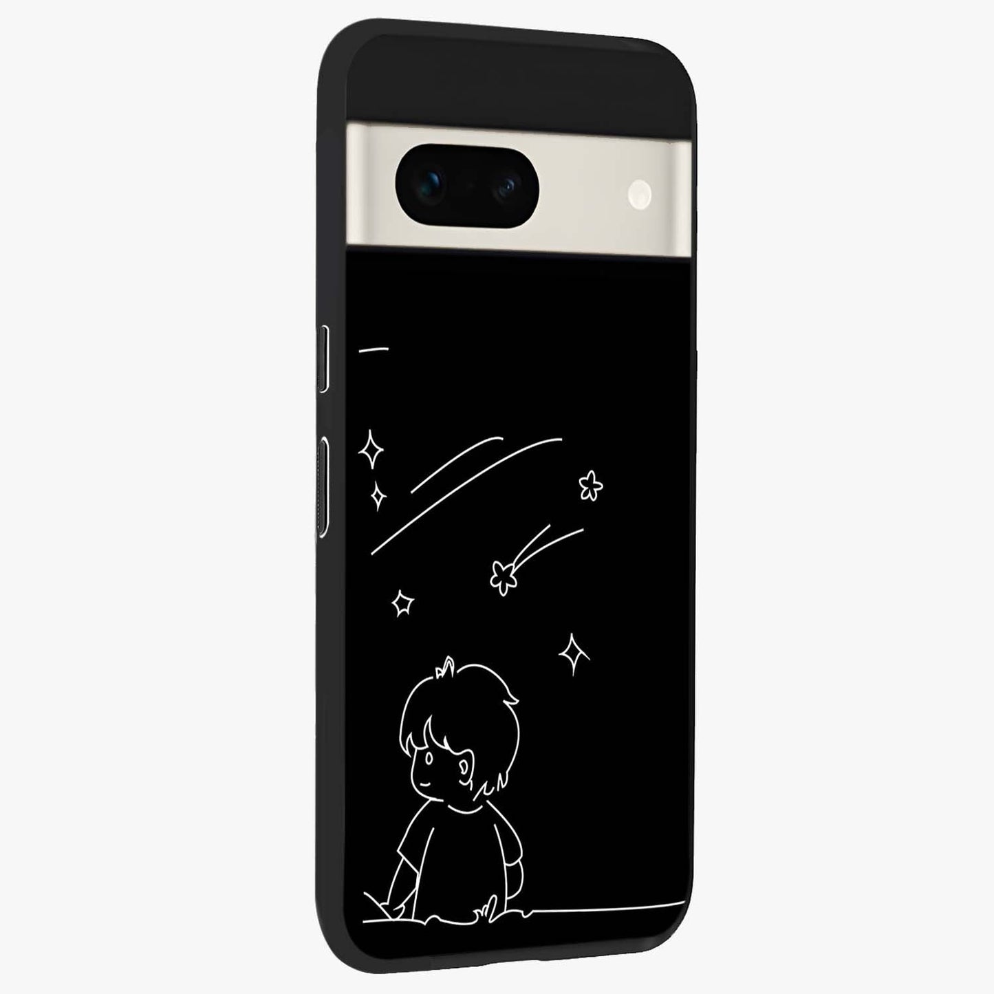 Line Art Boy With Shooting Stars Glass Case upright view showcasing artistic shooting star illustration with minimal style.