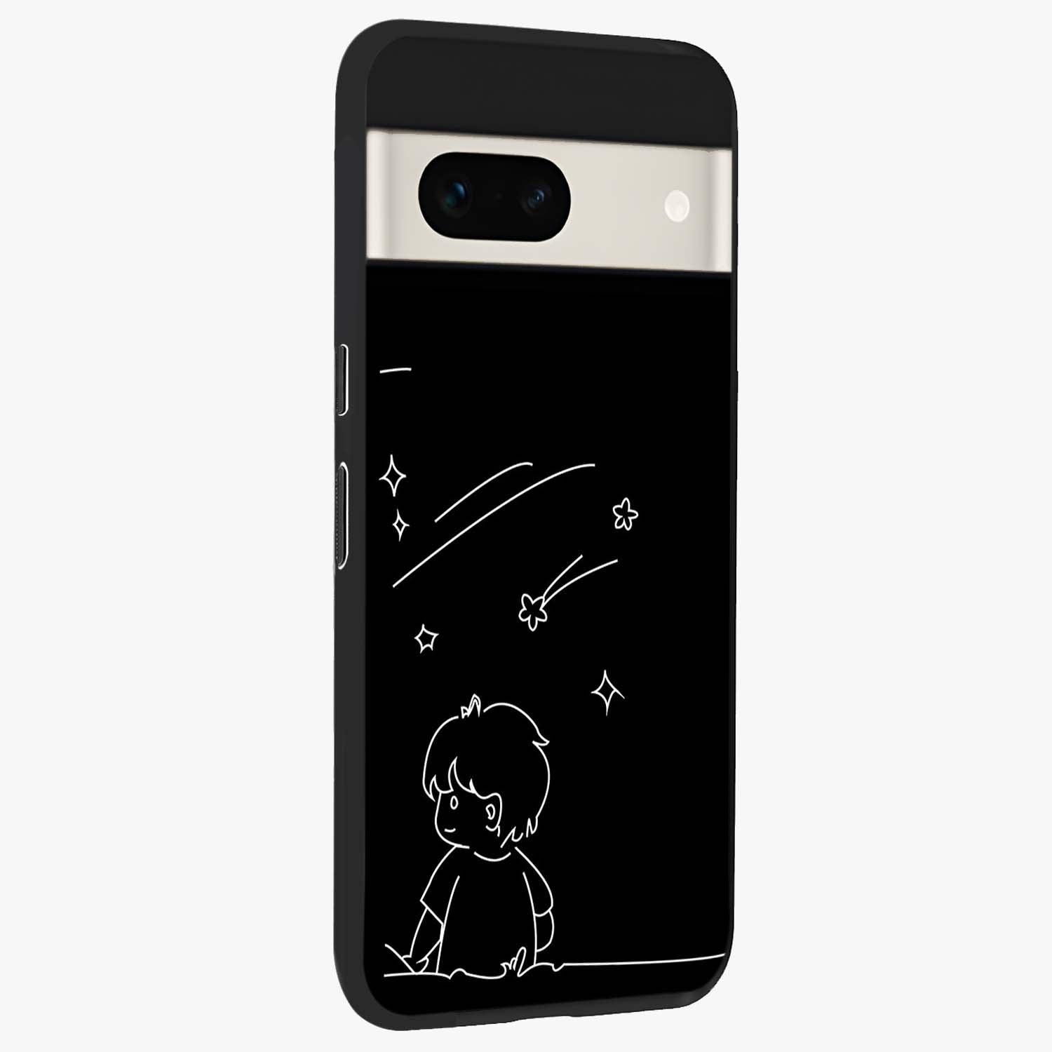 Line Art Boy With Shooting Stars Glass Case upright view showcasing artistic shooting star illustration with minimal style.