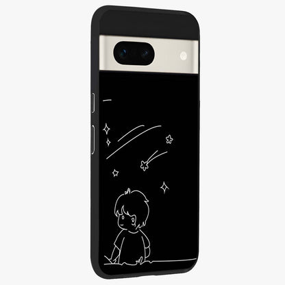 Line Art Boy With Shooting Stars Glass Case upright view showcasing artistic shooting star illustration with minimal style.