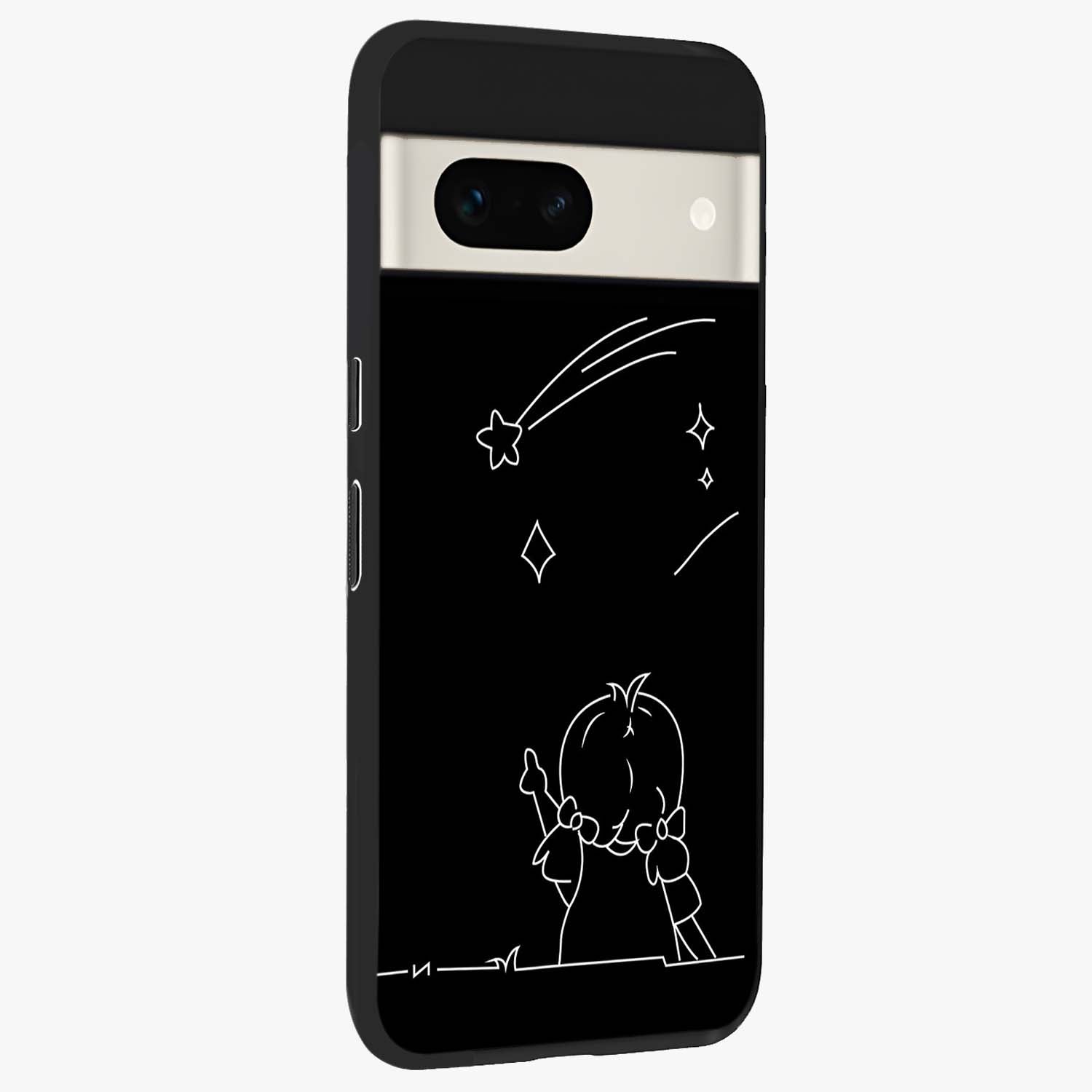 Line Art Girl With Shooting Stars Glass Case upright view showcasing delicate shooting stars artwork with minimal artistic theme.