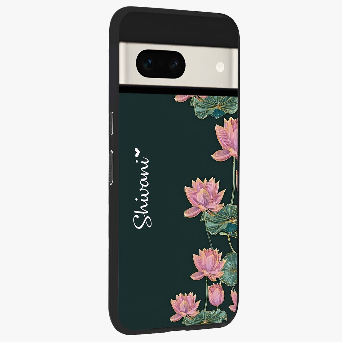 Lotus Bloom Serenity Custom Name Glass Case upright view showcasing serene lotus bloom artwork with personalized floral aesthetic.