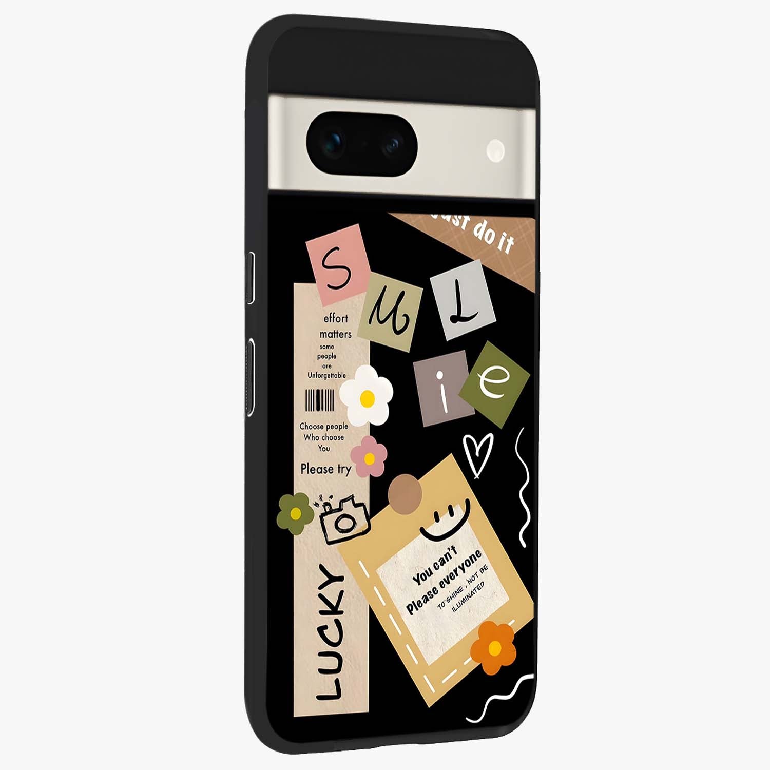 Lucky Aesthetic Collage Glass Case upright view showcasing vibrant collage artwork with youthful aesthetic theme.