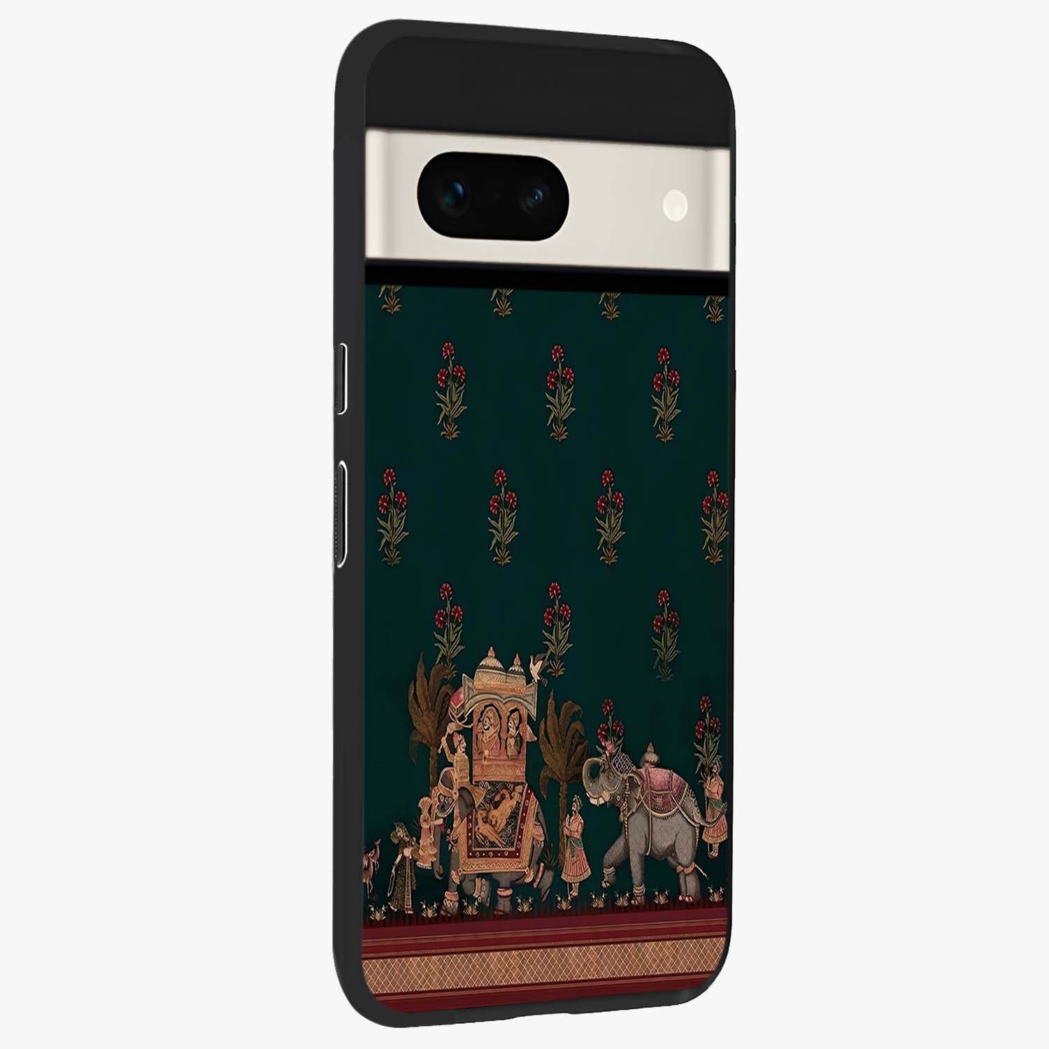 Macmerise Glass Case upright view showcasing bold artistic artwork with contemporary design theme.