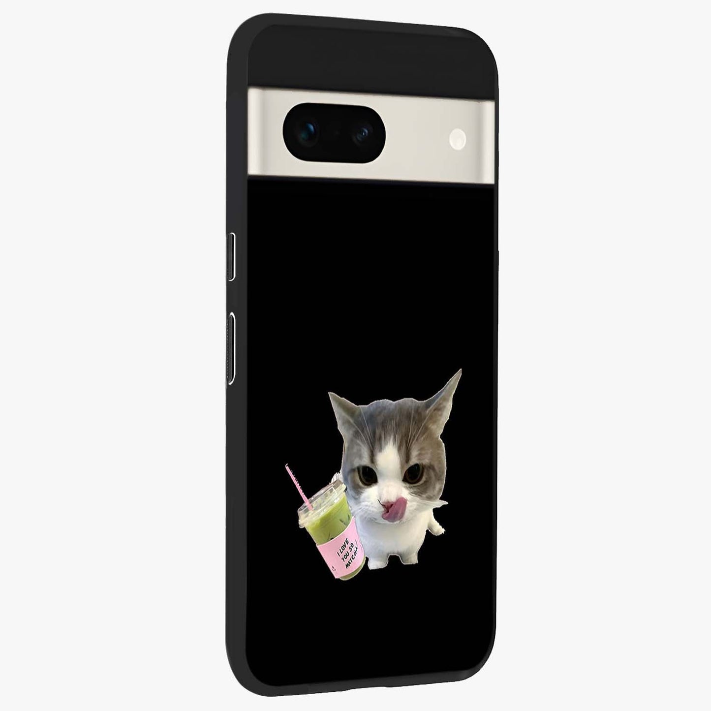 Matcha Cat Style Glass Case upright view showcasing charming cat artwork with cozy aesthetic theme.