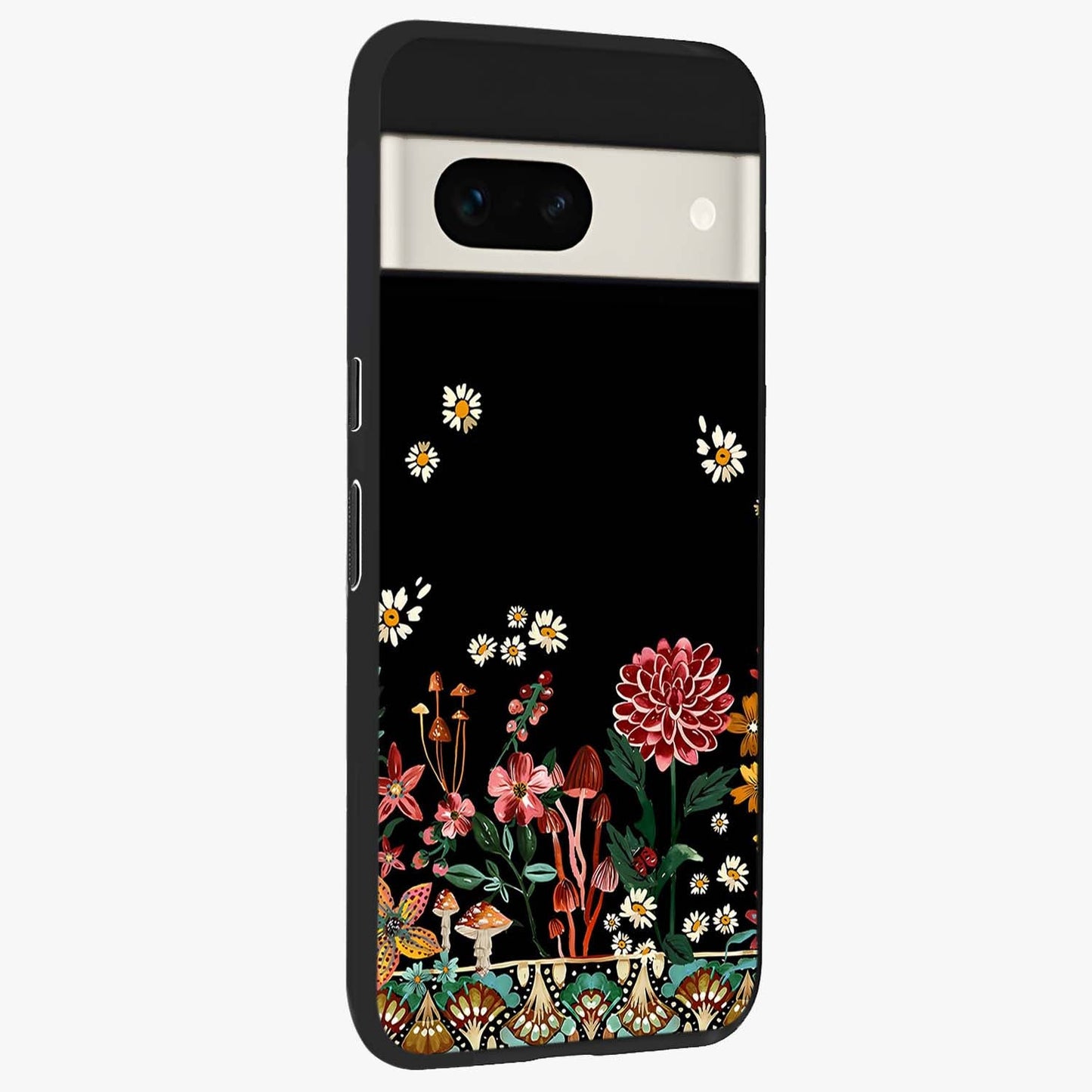 Midnight Bloom Pattern Glass Case upright view showcasing decorative floral artwork with deep night themed palette.